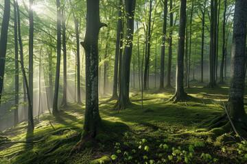 Green forest with beech trees, during spring time, with sun light and shadows, in a morning misty...