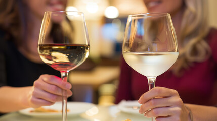 Close-up view of female hands holding glasses with wine.