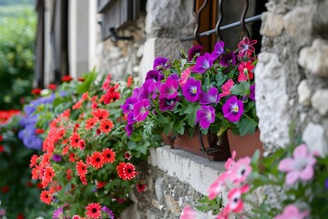 Fototapeta premium Summer flowers in pots on the window of an old house.