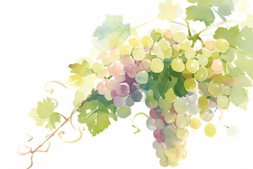 Watercolor painting of grapevine with clusters of colorful grapes and green leaves against a white background