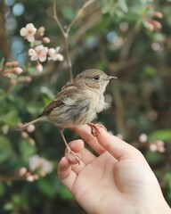 A clear picture of a hand holding a small bird,