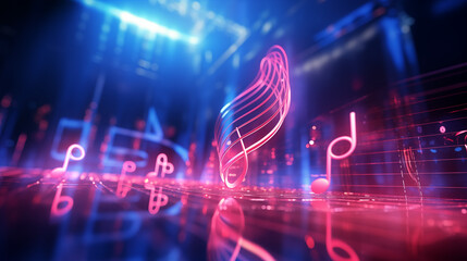 digital security background with a musical note hologram, cyber line art in the style of a glowing light effects on the sides of lines and shapes, blurred digital network in red tones, dark blue color