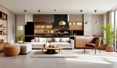 Fototapeta premium A living room with a couch a table and a lamp