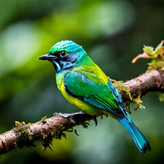 green headed tanager Colorful Green-headed tanager perched on a bare branch against defocused background, Serra da Mantiqueira, Atlantic Forest, Itatiaia, Brazil,