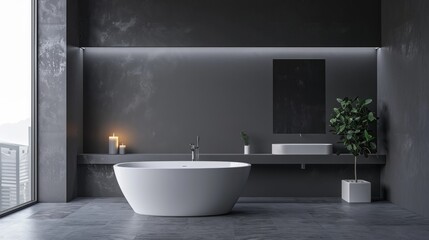 A large white bathtub sits in a bathroom with a mirror and a potted plant. The room is decorated in a modern style with a gray color scheme