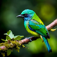 green headed tanager Colorful Green-headed tanager perched on a bare branch against defocused background, Serra da Mantiqueira, Atlantic Forest, Itatiaia, Brazil,
