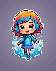 Diseño pegatina niña con el pelo anaranjado y azul caminando sobre un charco sonriendo