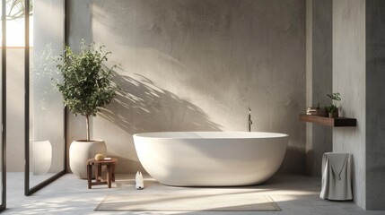 A bathroom with a large white bathtub and a potted plant. The bathroom is clean and well-lit, with a modern design