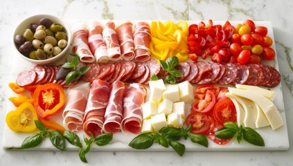 Dish with cut food: Thin slices of pepperoni, mortadella, cheese, tomatoes, olives, cucumbers prosciutto are rolled and fanned out. 