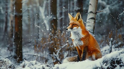 Obraz premium A detailed shot of a fox in a snowy forest,