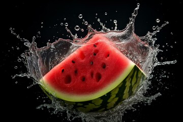 Fresh watermelon slice creating a dynamic splash on a black background