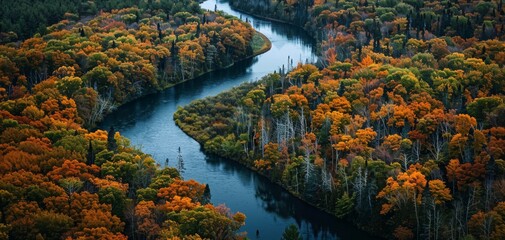 Breathtaking aerial view of a winding river cutting through a dense forest in autumn