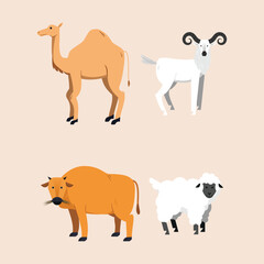 Eid al-Adha Animal Vector Illustration Collection. Featuring a cow grazing, along with camels, goats, and sheep.