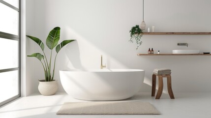 Fototapeta premium A bathroom with a white bathtub and a potted plant. The bathroom is clean and well-lit, with a wooden stool and a shelf above the sink