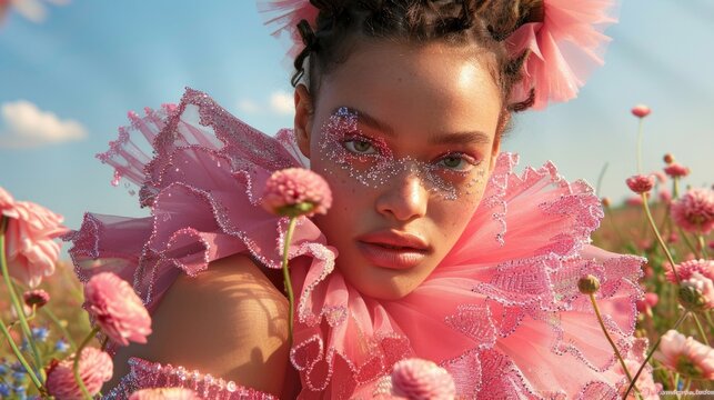 A model with glitter makeup is surrounded by pink flowers, capturing an ethereal and youthful aura