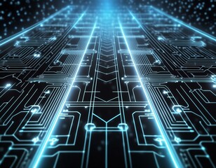 Obraz premium Holographic 3D projection of a circuit board, showcasing advanced technology. The central computer processor (CPU) concept is prominently featured