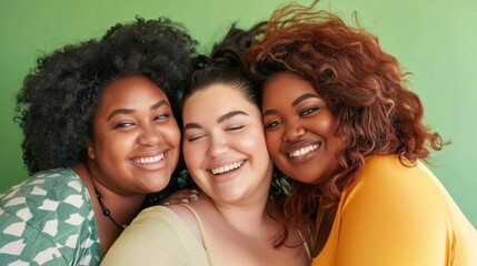 Three women with curly hair are smiling and hugging each other