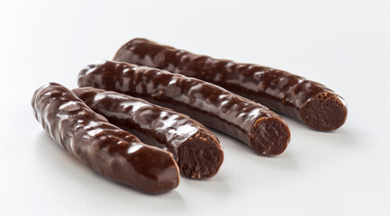 A photo of three chocolate praline sausages, white background, studio lighting, product photography, delicious, high resolution, high detail, high quality
