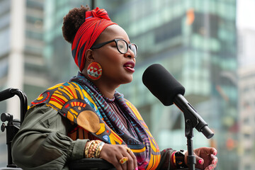 A woman in a wheelchair speaks passionately into a microphone, advocating for urban accessibility and disability rights in an urban setting. Shallow depth of field