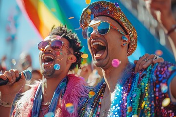 Harmony in Diversity - Bisexual Couple Singing Karaoke at Vibrant Pride Day Party | Cheerful LGBTQ+ Karaoke Performance in Colorful Outfits