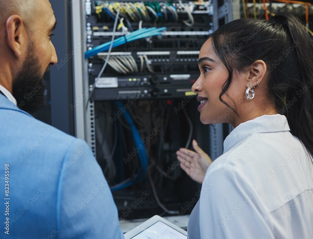 Aufkleber Network engineers, discussion and server room for internet infrastructure and lights of computer. People, IT support and cybersecurity with data center, software and company info for cloud computing