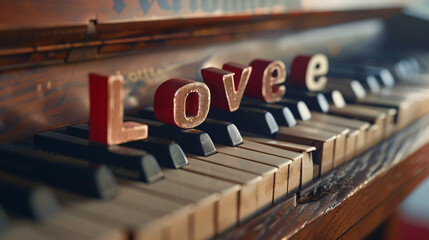 Piano keys closeup with the letters love and the heart