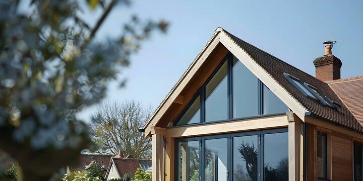 Closeup view of Tudor and modern materials in house extension. Concept House Extension, Tudor Features, Modern Materials, Closeup View