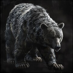 Fototapeta premium A large, majestic grizzly bear stands in the middle of a dark forest