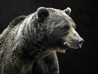 A large, majestic grizzly bear stands in the middle of a dark forest