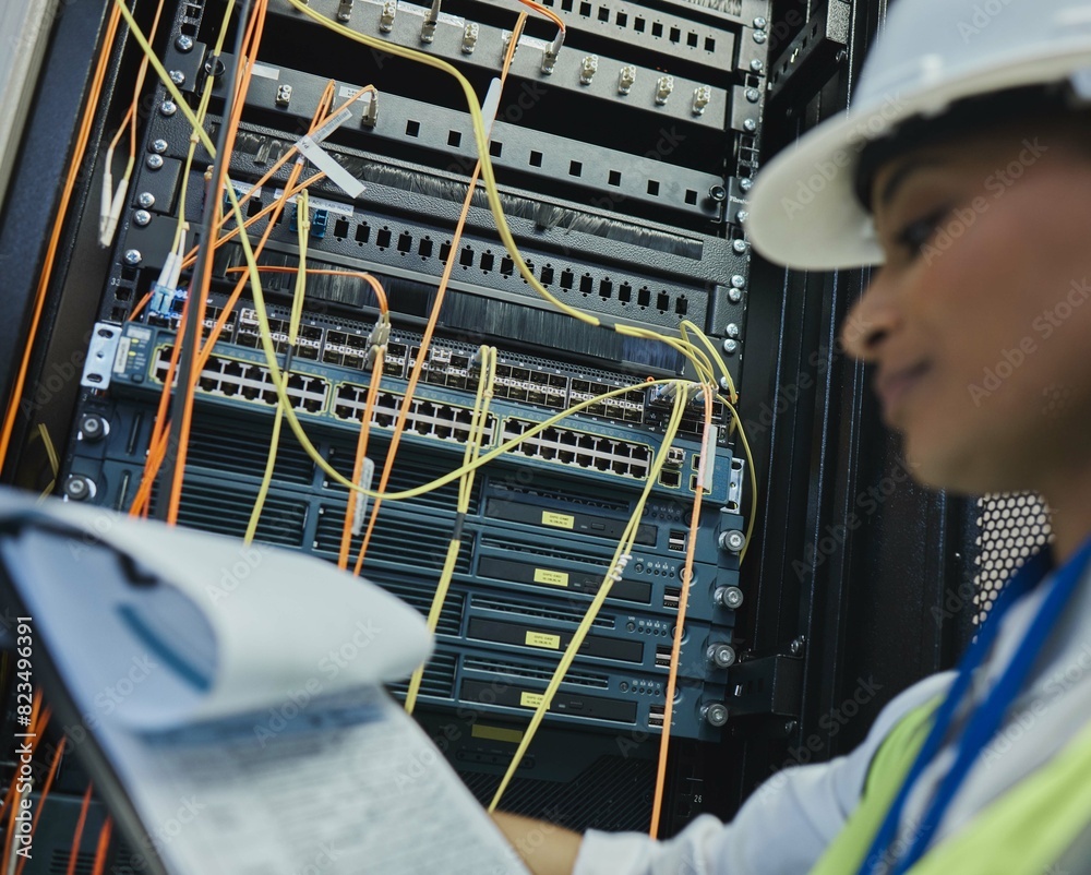 Poster Network engineer, document and server room for internet infrastructure and lights of computer. Woman, IT support and cybersecurity with data center, software and company info for cloud computing
