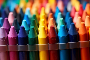 Macro shot of colorful wax crayons lined up with a shallow depth of field