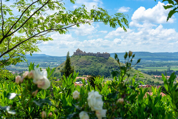 Sumeg castle from a rose garden in beautiful weather