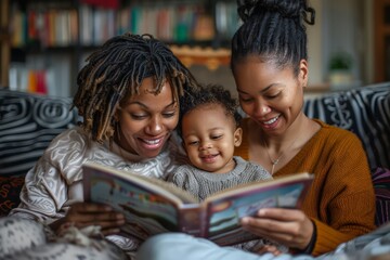 Loving Lesbian Family Reads Bedtime Story to Child with Warmth and Care in Heartwarming Scene. 