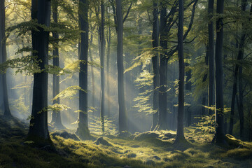 Green forest with beech trees, during spring time, with sun light and shadows, in a morning misty atmosphere.