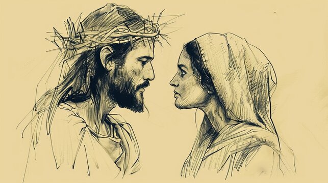 Jesus' Encounter with the Canaanite Woman, Biblical Illustration of Faith and Persistence, Ideal for Religious article