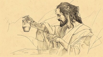 Jesus at the Wedding in Cana, Performing His First Miracle, Biblical Illustration of Joy and Celebration, Ideal for Religious article