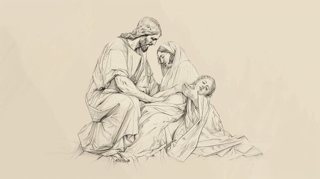 Jesus Raising Jairus' Daughter from the Dead, Biblical Illustration of Miracle and Faith, Ideal for Religious article