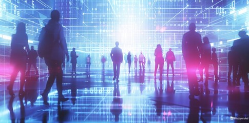 Digital futuristic background with business people silhouettes, glowing hologram and binary code on white background. Concept of global network connection technology 