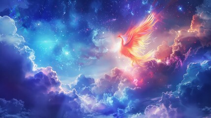 Pastel phoenix rising from cosmic clouds, ethereal, beautiful, illustration