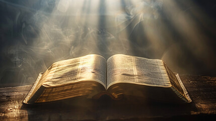 An open holy bible touched by rays of sunlight