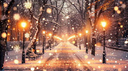 Obraz premium A street covered in snow with glowing street lights and benches lining the sidewalks