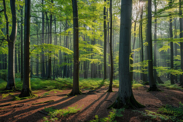 Fototapeta premium Green forest with beech trees, during spring time, with sun light and shadows, in a morning misty atmosphere.