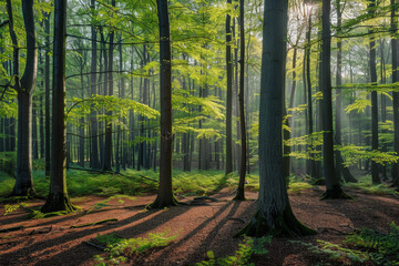 Green forest with beech trees, during spring time, with sun light and shadows, in a morning misty atmosphere.