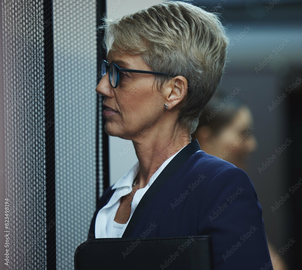 Poster Cybersecurity, database and information technology with woman in server room for firewall maintenance. Cloud storage, computer and network with mature software developer working in data center