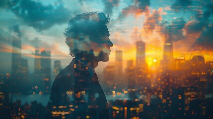 A man is standing in front of a city skyline with a sunset in the background