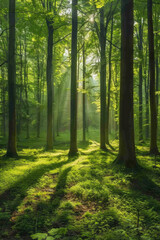 Fototapeta premium Green forest with beech trees, during spring time, with sun light and shadows, in a morning misty atmosphere.