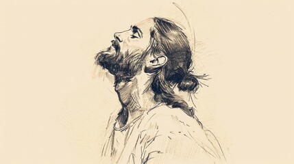 Jesus in Prayer, Looking Up to Heaven, Biblical Illustration of Devotion and Connection, Ideal for Religious article