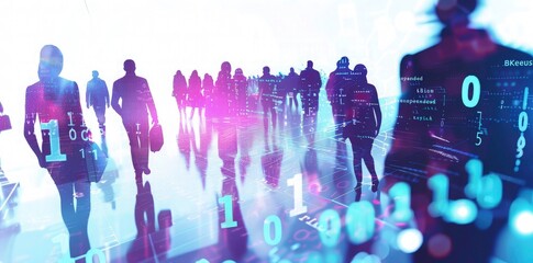 Digital futuristic background with business people silhouettes, glowing hologram and binary code on white background. Concept of global network connection technology 