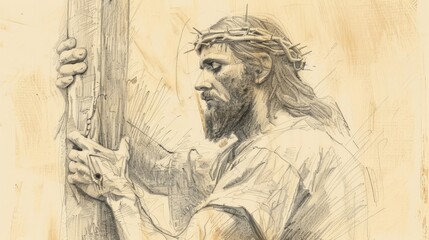 Fototapeta premium Jesus Carrying the Cross on the Way to Golgotha, Biblical Illustration Depicting Sacrifice and Suffering, Ideal for article