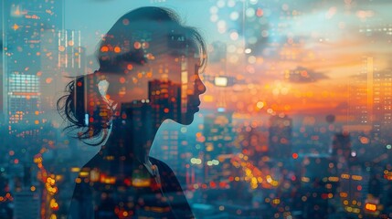 Obraz premium A woman's silhouette is reflected in the city lights